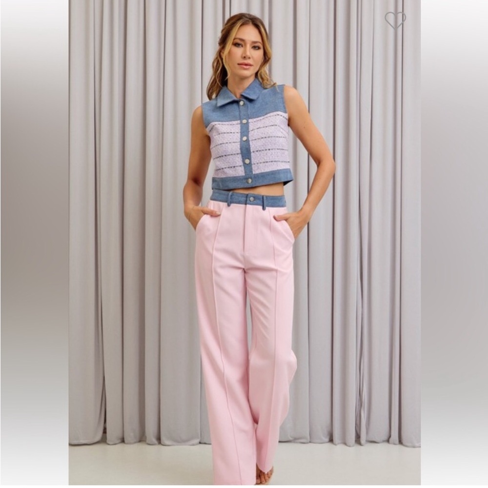 Denim Mixed Fabric Two Piece Pant And Vest Set